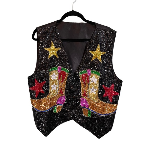 Unbranded Jackets & Blazers - Unbranded Womens Black Sequin Embellish Colorful Boots Stars Snap Vest Size M-XL